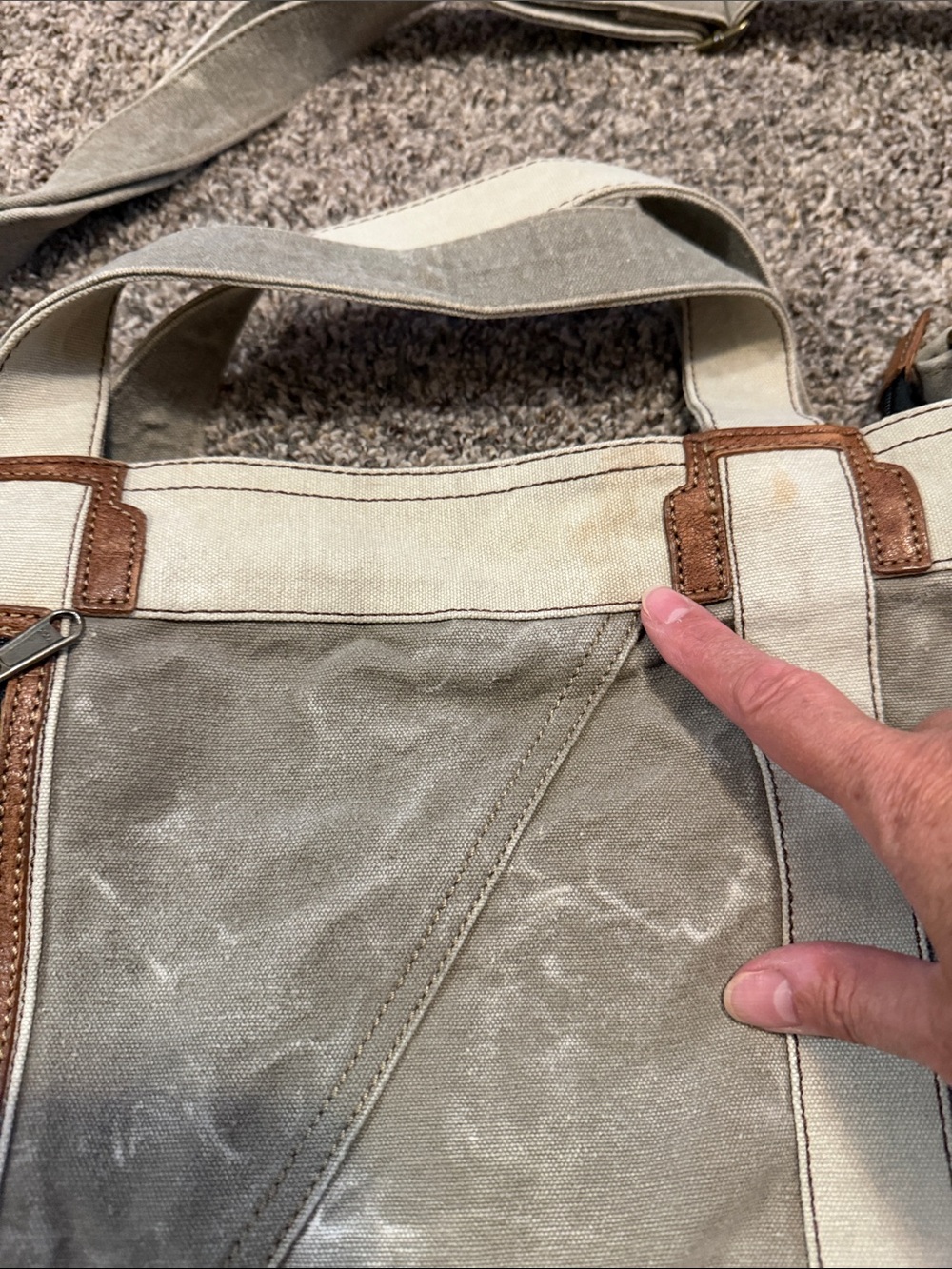 Mona B Recycled Canvas Crossbody Tote in Light Gray and Cream with Brown Trim - Picture 2 of 6